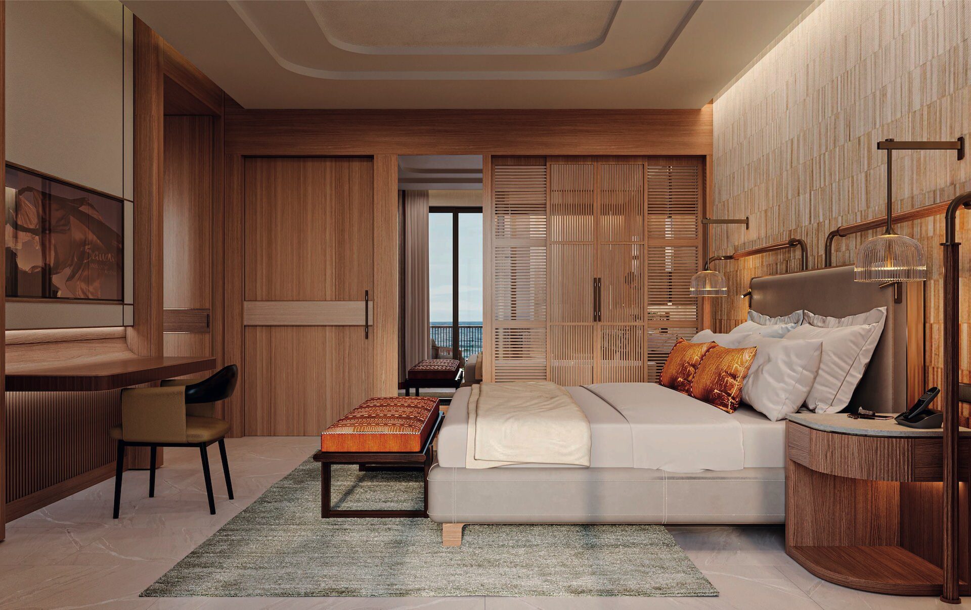 Chambre lit double chaleureuse et lumineuse, aménagée par Fournimob.