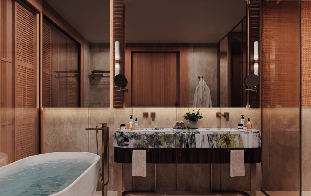 Salle de bain sur mesure aux tons chauds, aménagée par Fournimob.