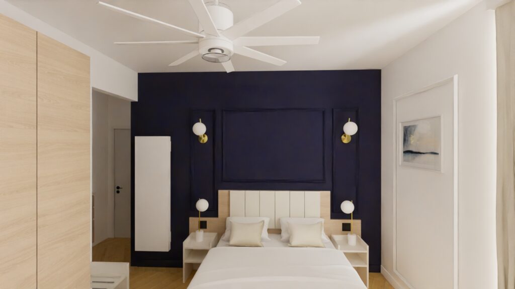 Chambre lit double aux tons froids avec du bleu marine, aménagée par Fournimob.