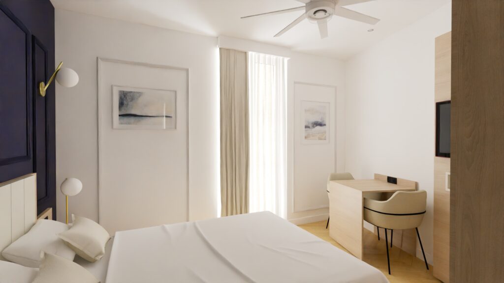 Chambre lit double aux tons froids avec du bleu marine, aménagée par Fournimob.